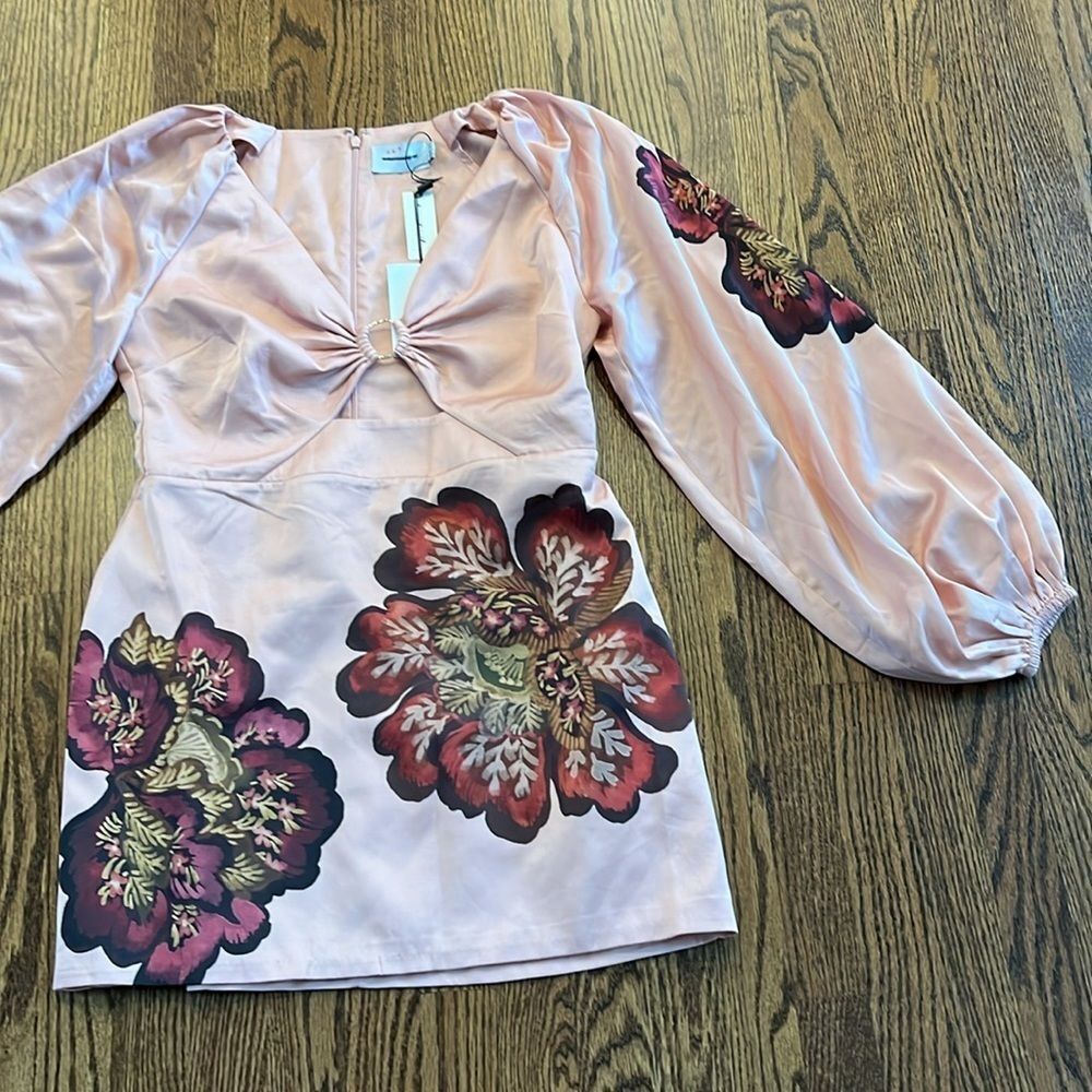 Significant Other size 10 $304 Long-Sleeve V-Neck Cutout Printed Mini Dress - Picture 8 of 12